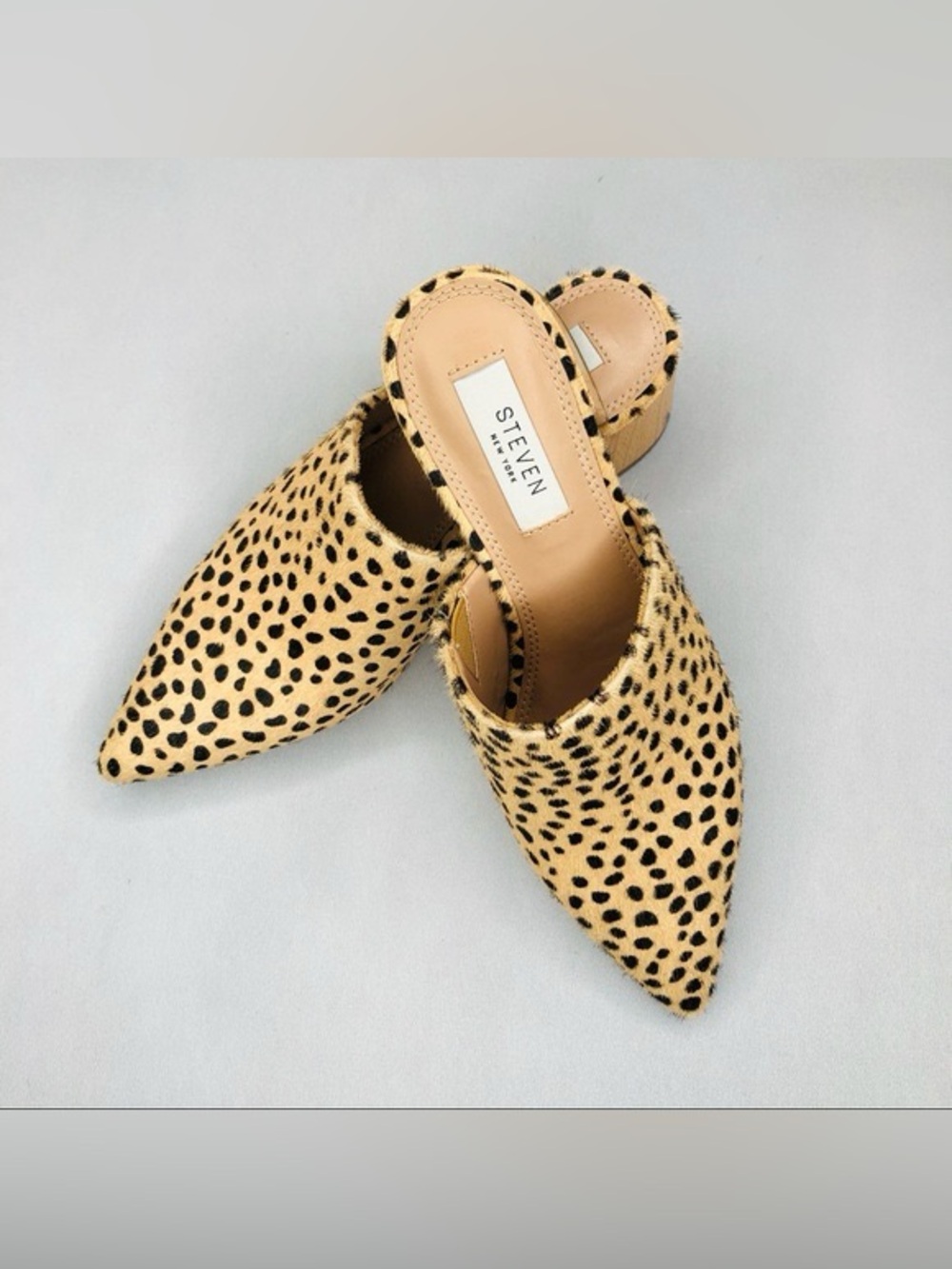Steven New York by Steve Madden Fannie Cheetah Print Calf Hair Mules Size 7.5